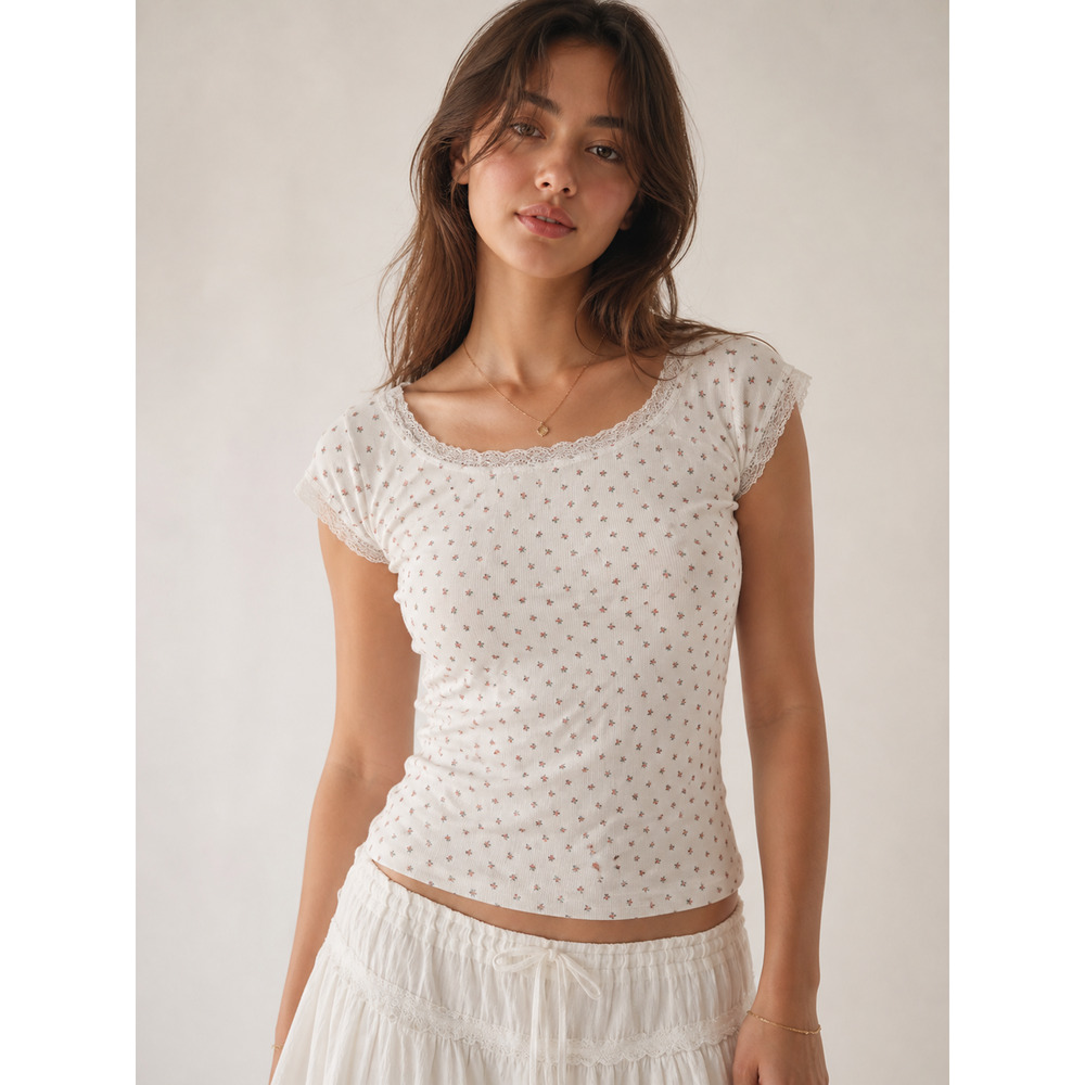 J Galt Floral Baby Tee Coquette Lace Trim Soft Girl Feminine White Top